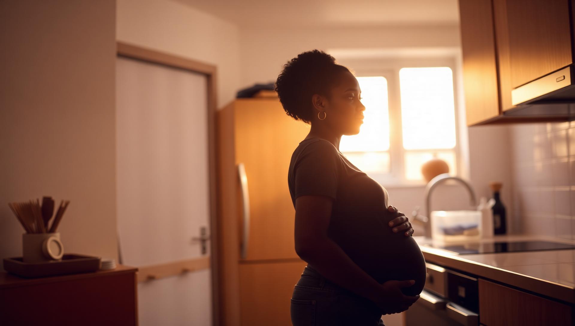 Pregnant woman in her kitchen looking out the window